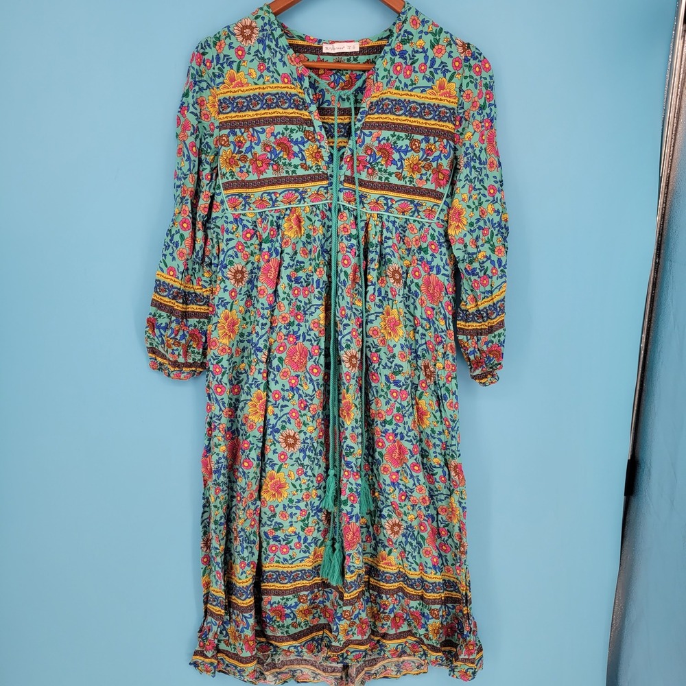 R.Vivimos Bohemian Floral Mini Dress Long Sleeve Cotton Blend Peasant Festival